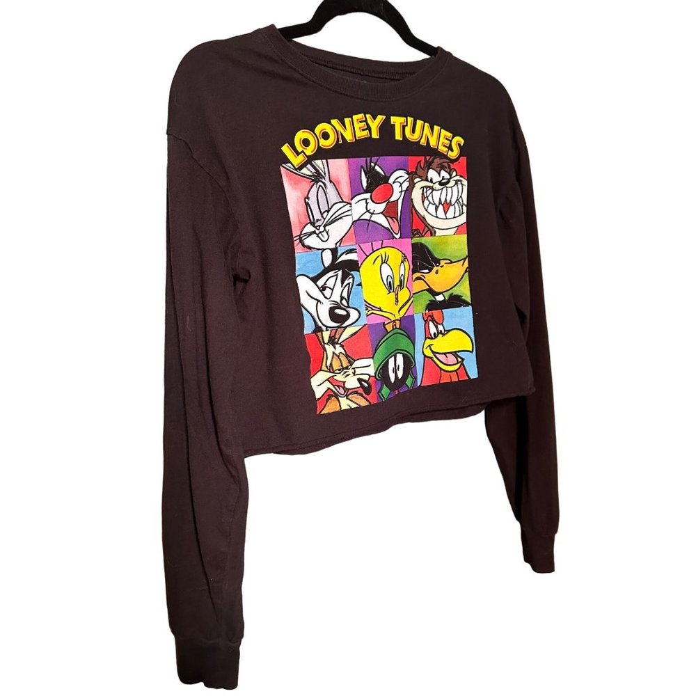 Looney Tunes Group Shot Crop Long Sleeve Shirt Black Size Small